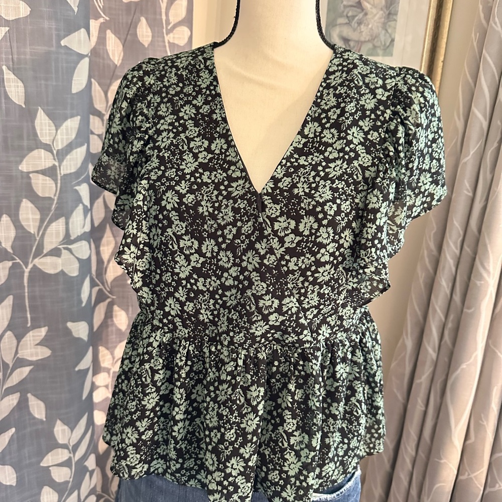 Madewell Black and Mint Floral Blouse